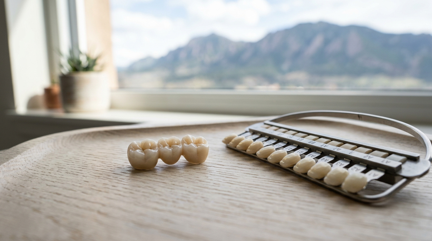 Ceramic dental bridge and shade guide on an oak tray