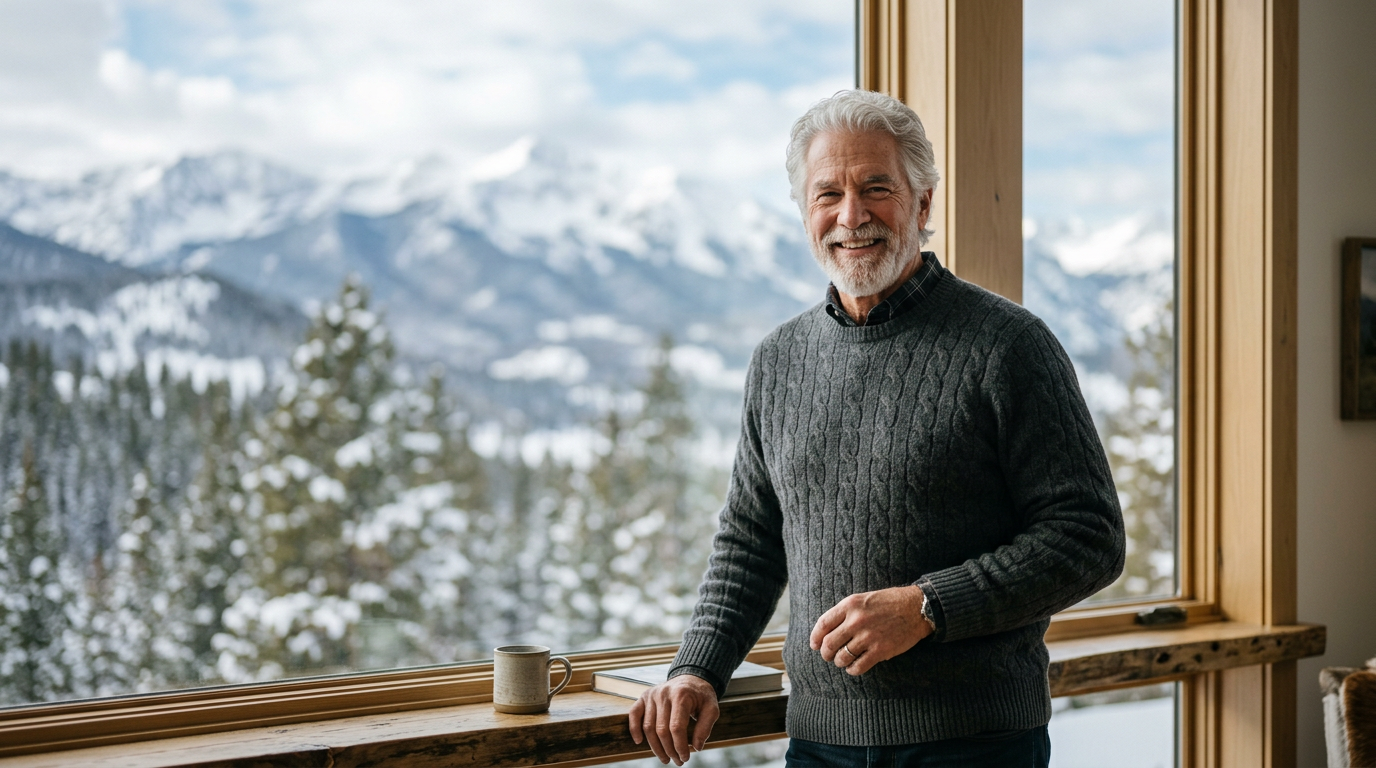 Smiling man standing by a window with mountain views