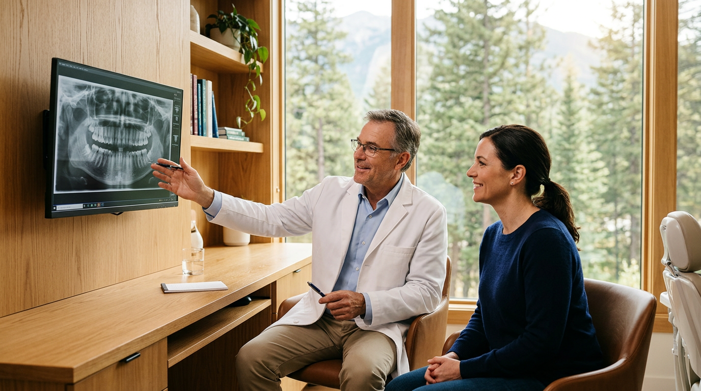 Dentist reviewing an x-ray with a patient in a consultation room