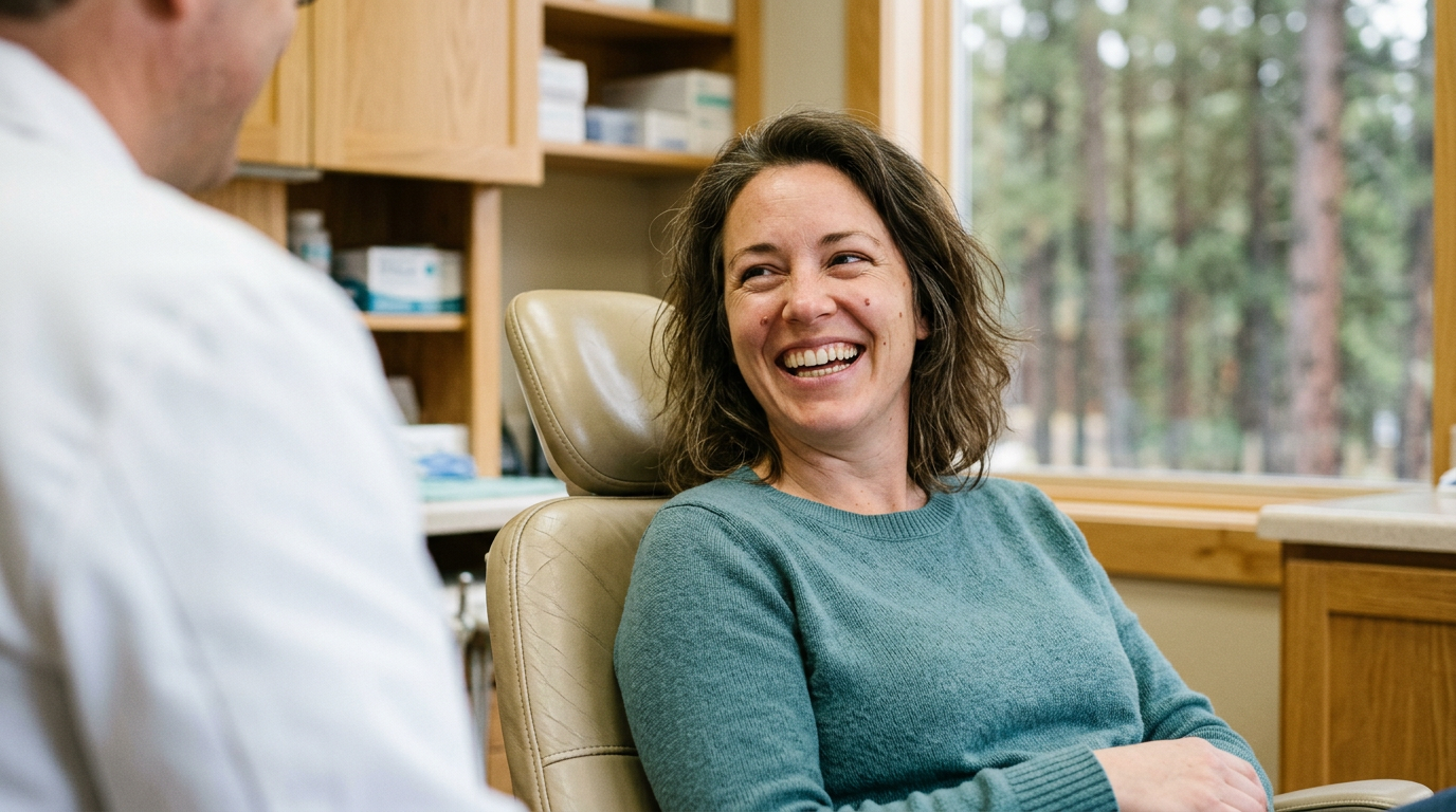 Patient laughing with her dentist in a sunlit treatment room