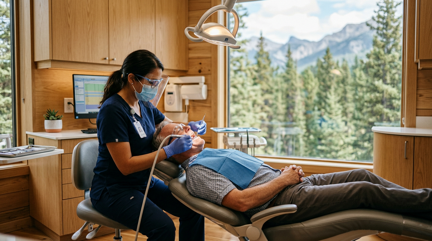Hygienist cleaning a patient's teeth beside a forest window