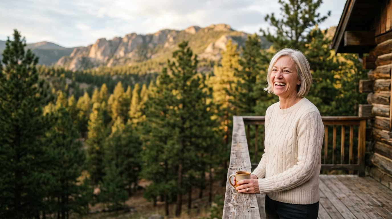 Woman laughing on a deck above the pines and granite ridges of Estes Park