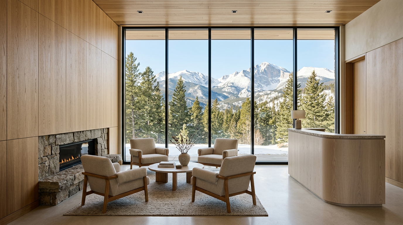 Aspen Dental Center lounge with a stone fireplace and windows facing the Rockies