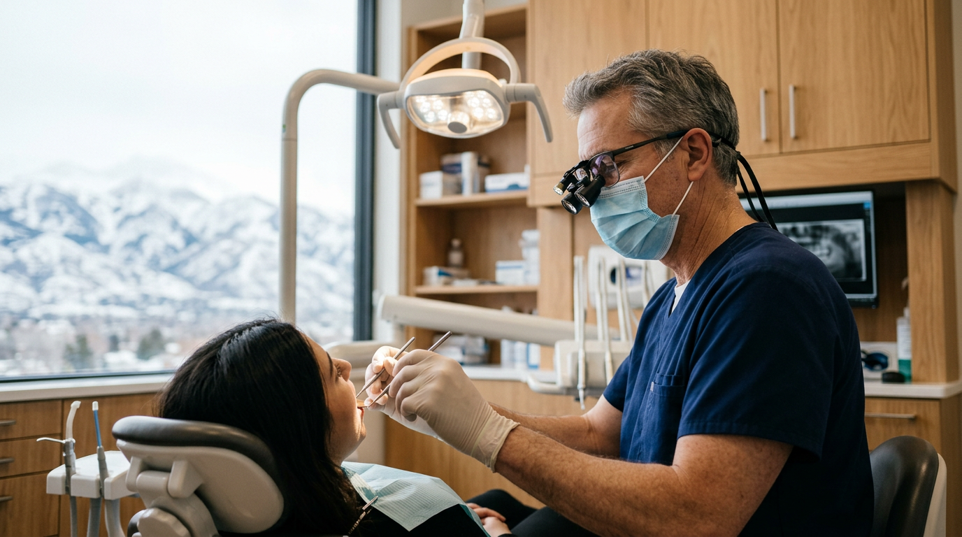 Dentist wearing loupes treating a patient in a mountain-view operatory