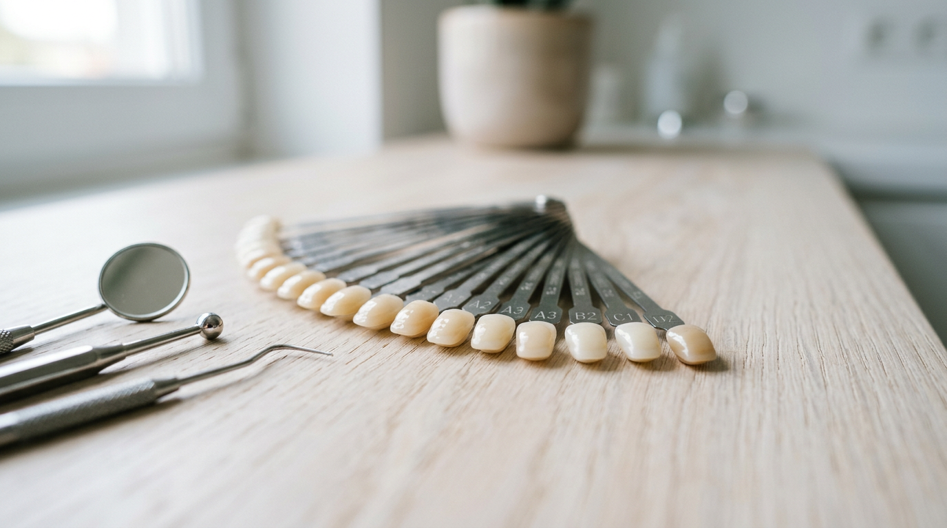 Composite shade guide in natural tooth tones on white oak