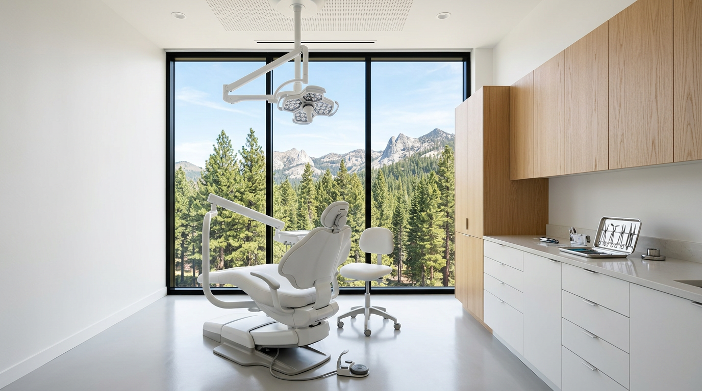 Bright oral surgery suite with a window to the pines